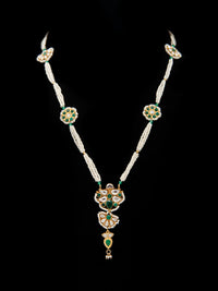 Floral Bliss: 925 Silver Floral Motif Pearl Beaded Necklace with Multicolor Kundan view 3