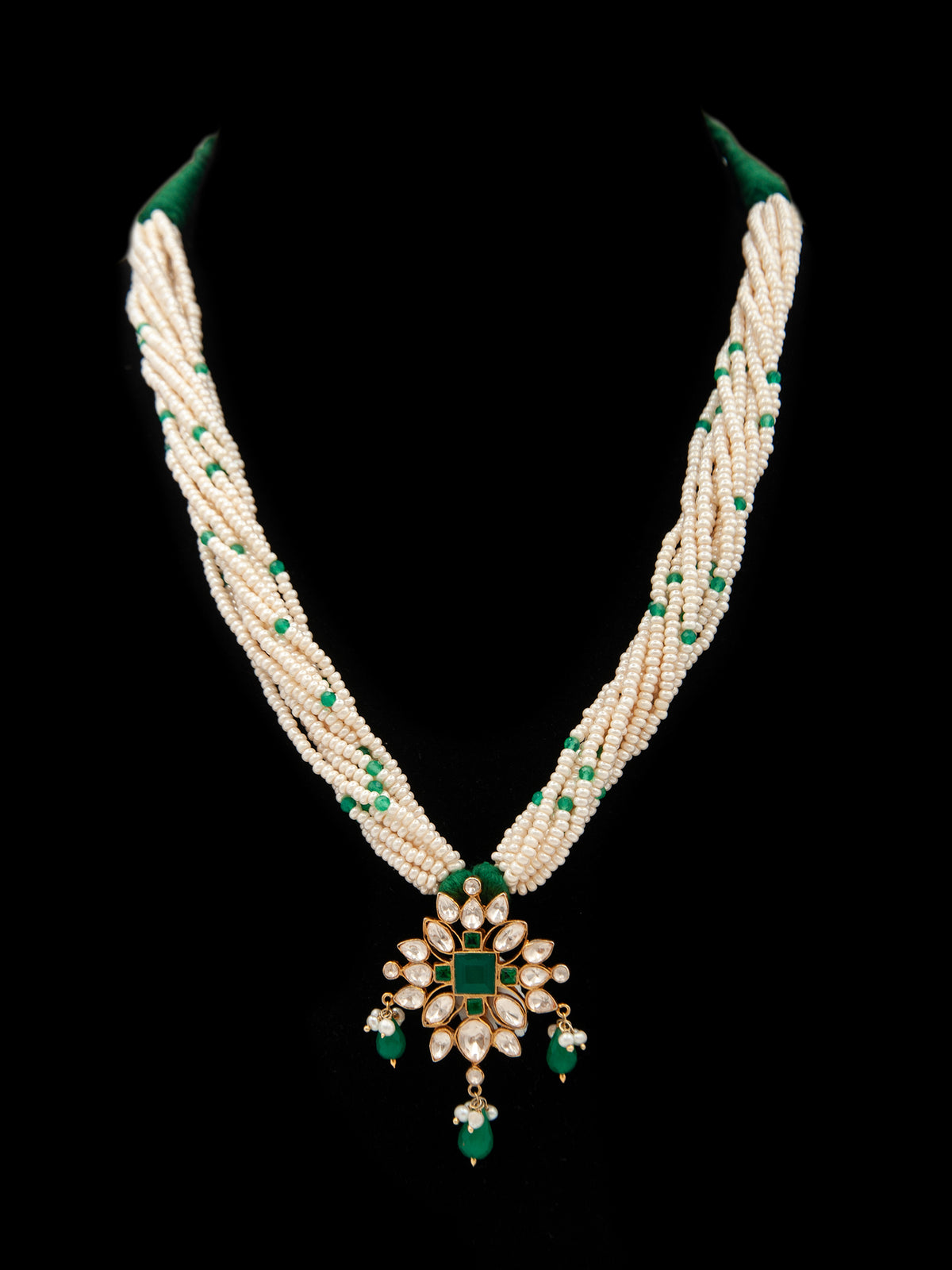 Verdant Luminescence: 925 Silver Gold Plated Moissanite Necklace with Green Onyx and Pearl Beads view 2