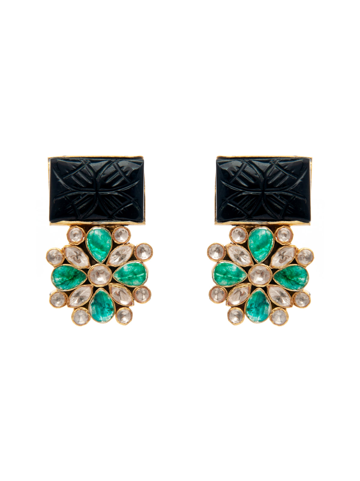 Midnight Sparkle : 925 Silver Moissanite Earrings with Black Carved Stone view 2