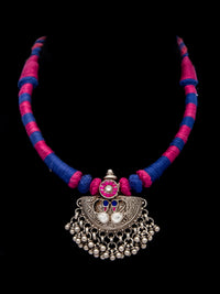 Tribal Ghungroo Symphony: 925 Silver Necklace with Pink and Blue Thread view 5