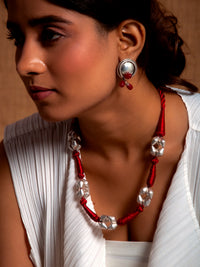 Dholki Bead Delight: 925 Silver Necklace with Red Silk Thread view 5