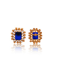 Blue Floral Carved Rectangle Earrings with Kundan Sparkle view 3