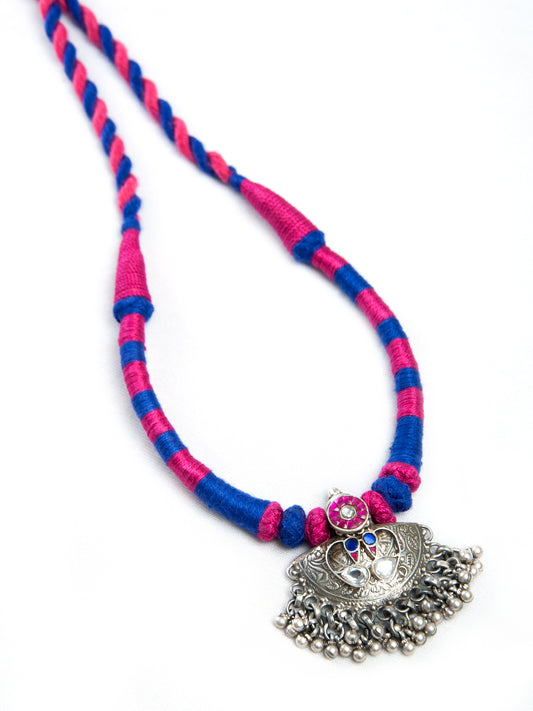 Tribal Ghungroo Symphony: 925 Silver Necklace with Pink and Blue Thread