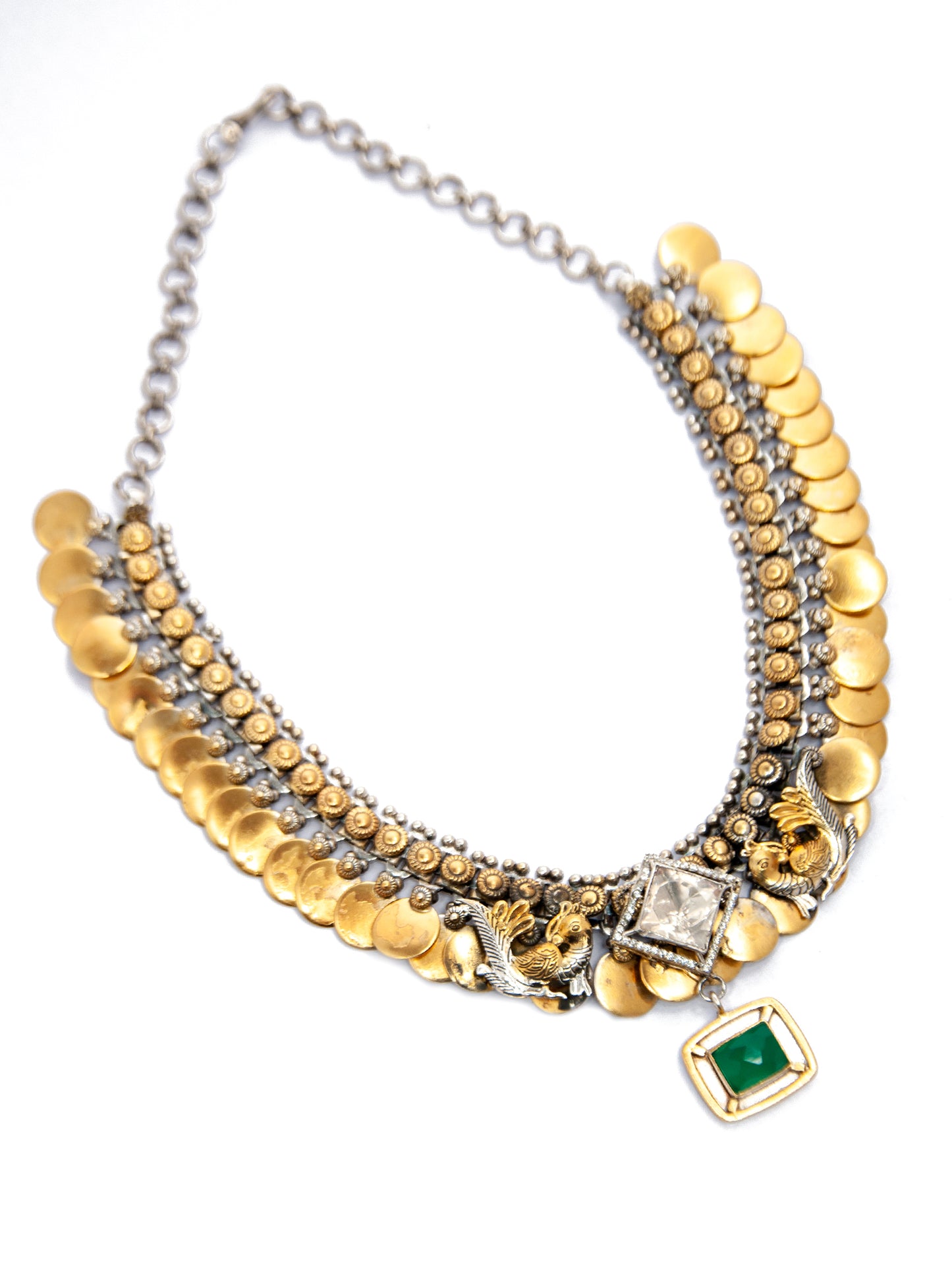 Verdant Harmony: 925 Silver Classic Two Tone Necklace with Moissanite and Green Onyx Gemstone Motif