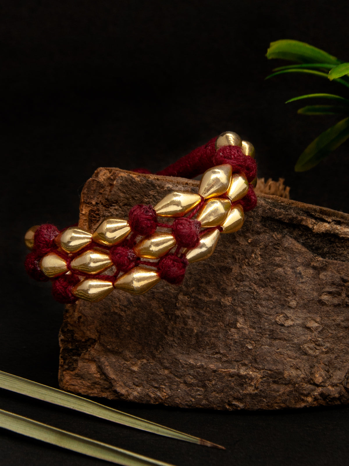Maroon Melody: 925 Silver Gold Plated Dholki Bead Bracelet view 1