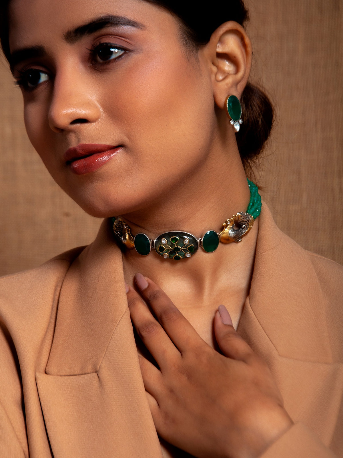 Fusion Green Bird Choker: 925 Silver with Labradorite Kundan Gemstone view 4