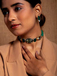 Fusion Green Bird Choker: 925 Silver with Labradorite Kundan Gemstone view 4