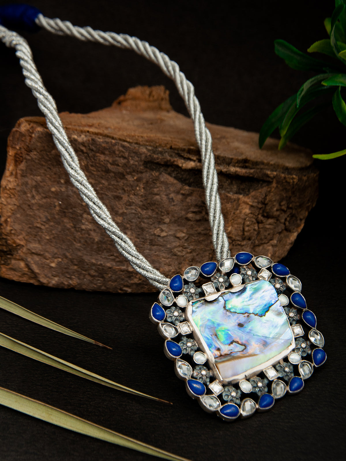 Oceanic Glow: 925 Silver Mother of Pearl Necklace with Blue Thread view 1