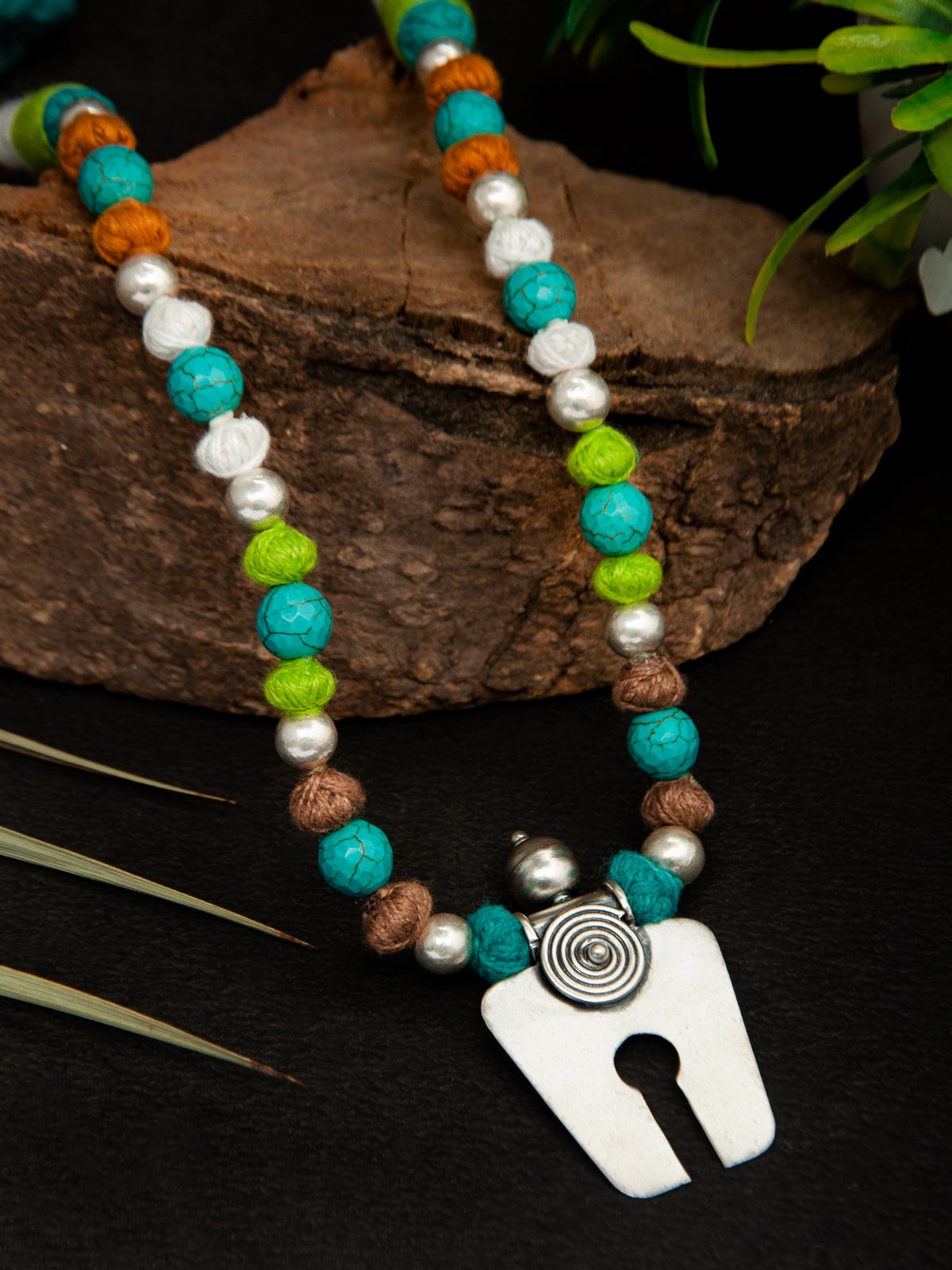 Turquoise Horseshoe Harmony: 925 Silver Horseshoe Turquoise Beaded Multicolor Thread Necklace view 1