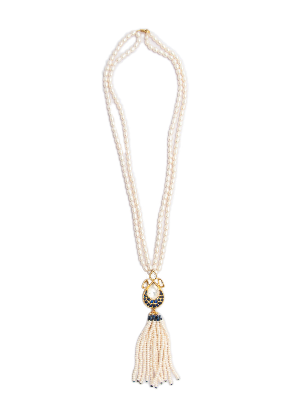 Pearlescent Tassel Elegance: 925 Silver Kundan Pearl Necklace view 2