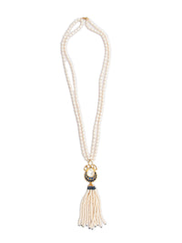 Pearlescent Tassel Elegance: 925 Silver Kundan Pearl Necklace view 2