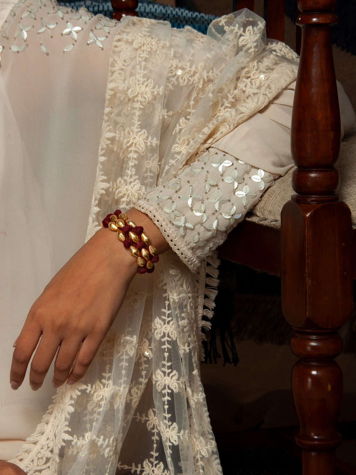 Maroon Melody: 925 Silver Gold Plated Dholki Bead Bracelet view 4
