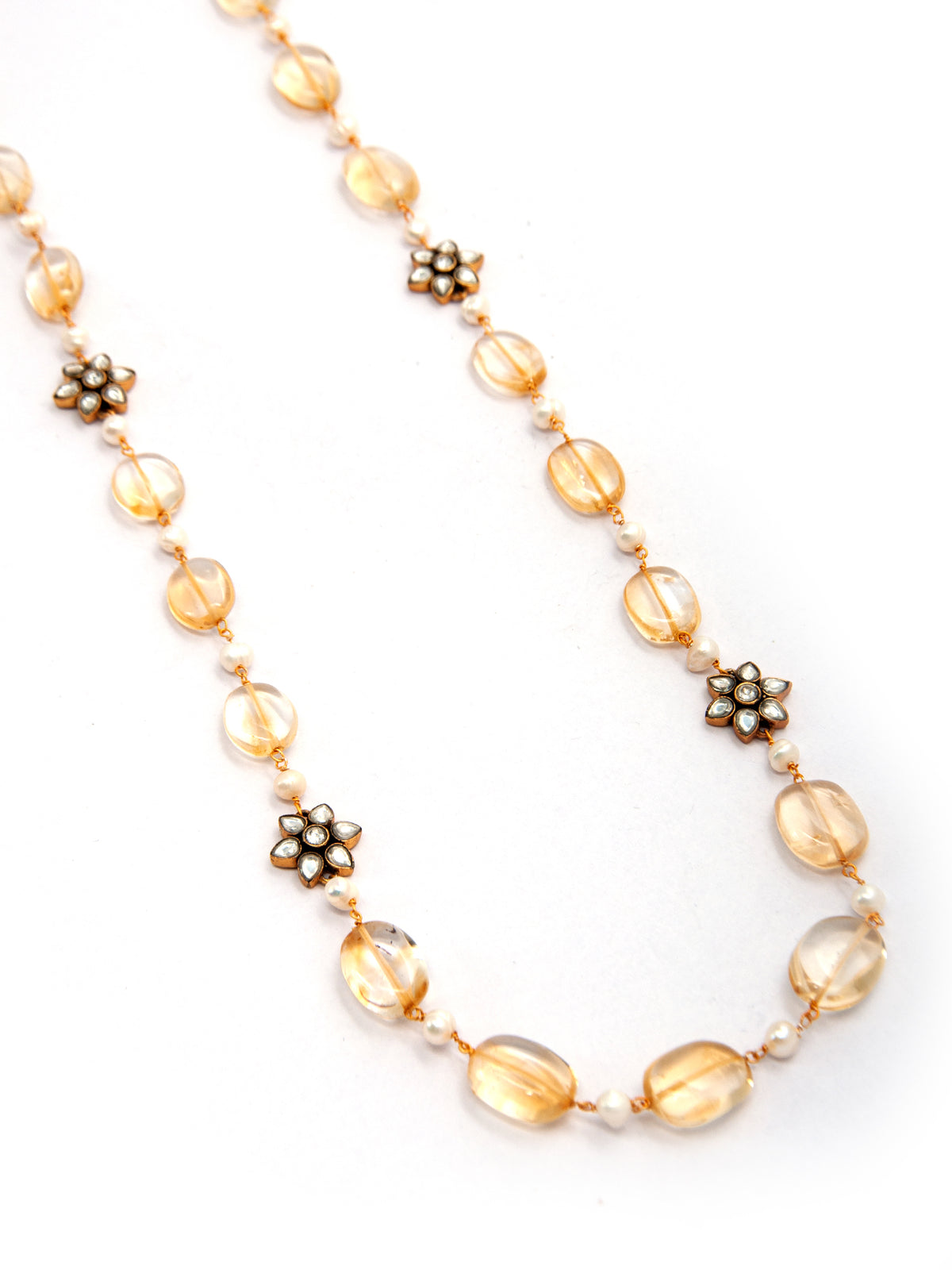 Sunflower Radiance: 925 Silver Citrine Gemstone Beads Necklace with Floral Kundan Motif view 5