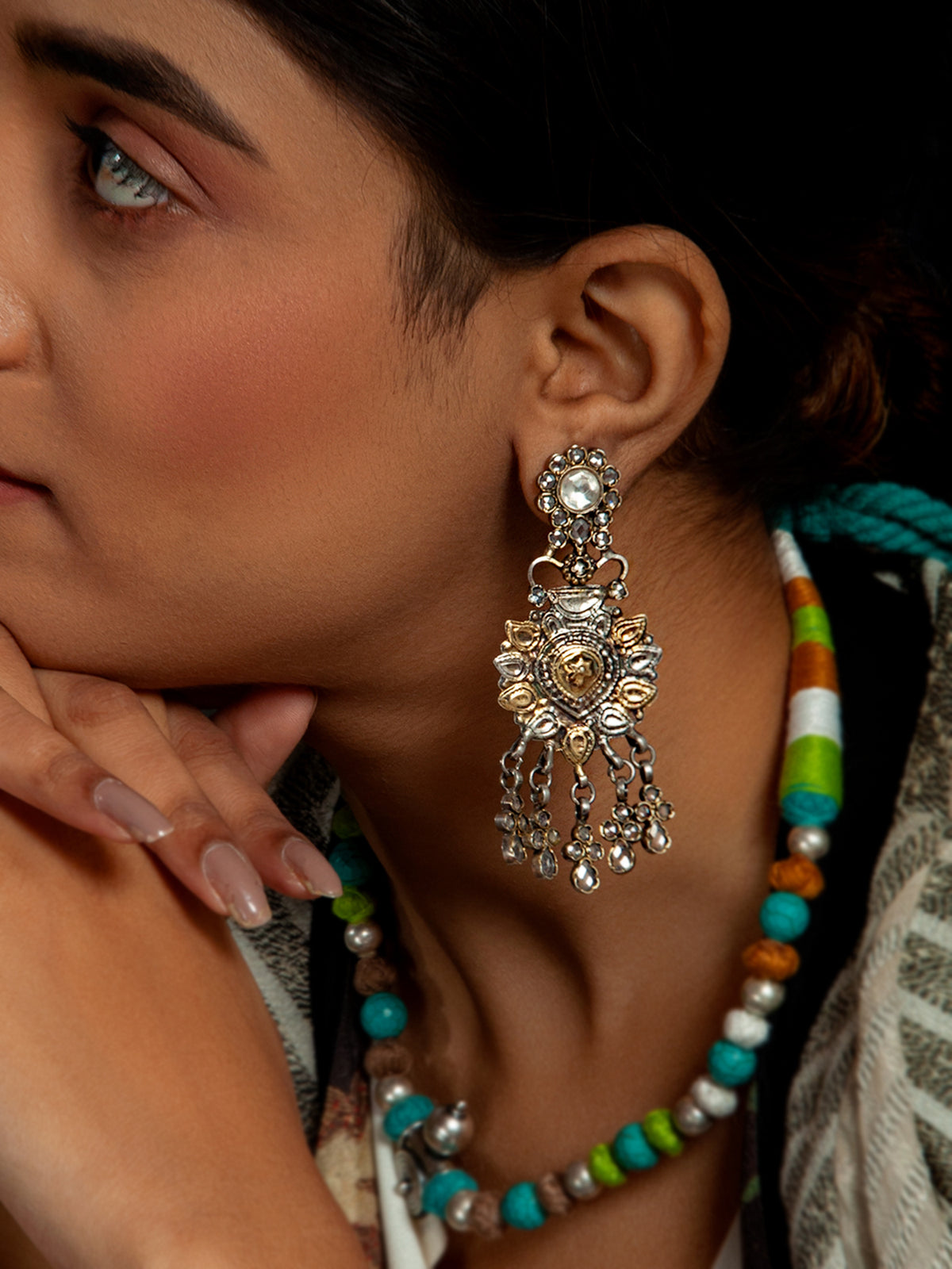 Hastakriti Swarna Varne Earrings: 925 Sterling Silver Hand Embossed Two Tone view 4