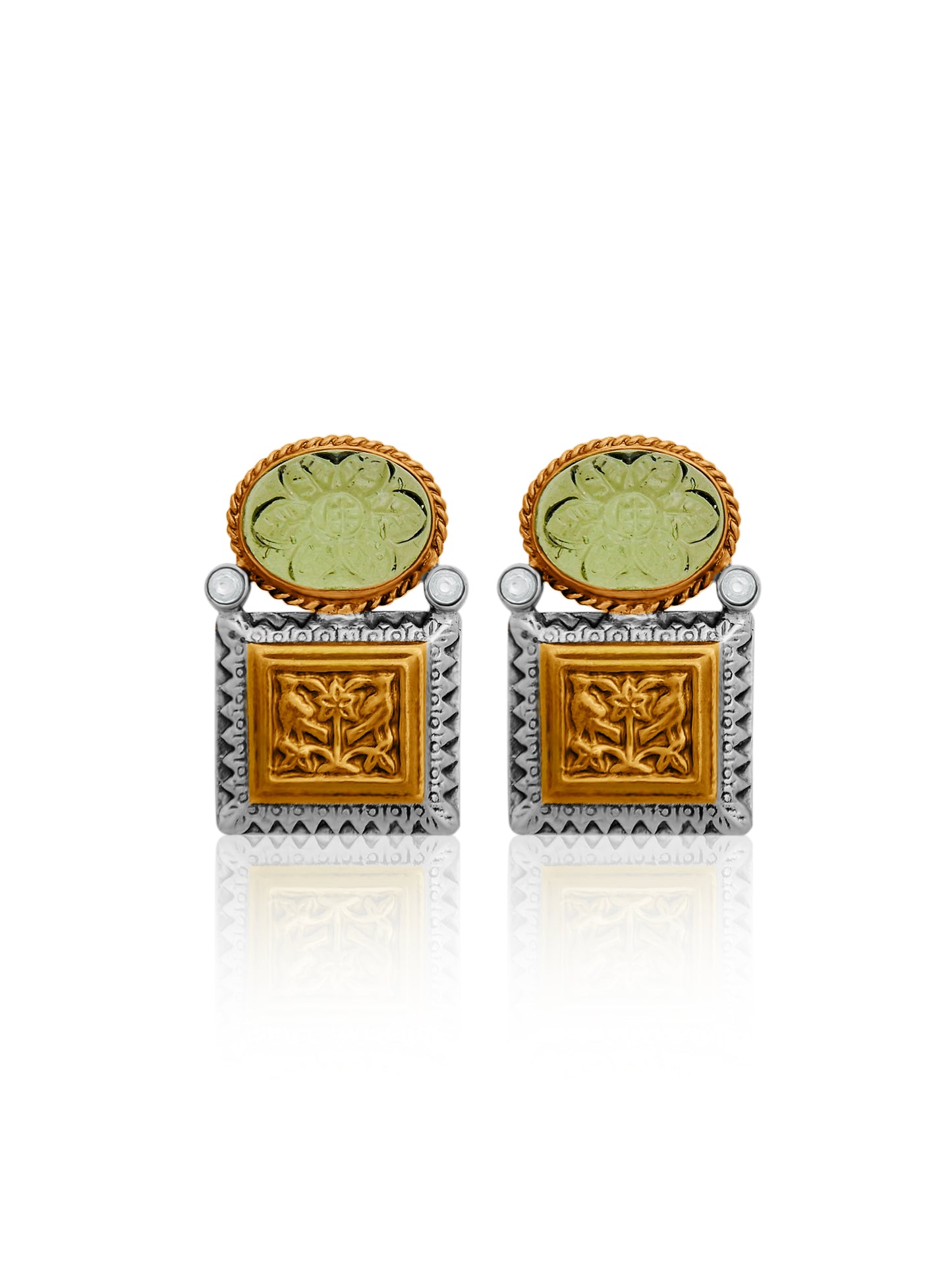 Floral Carved Green Stone Earrings - Sterling Silver & Gold Plated