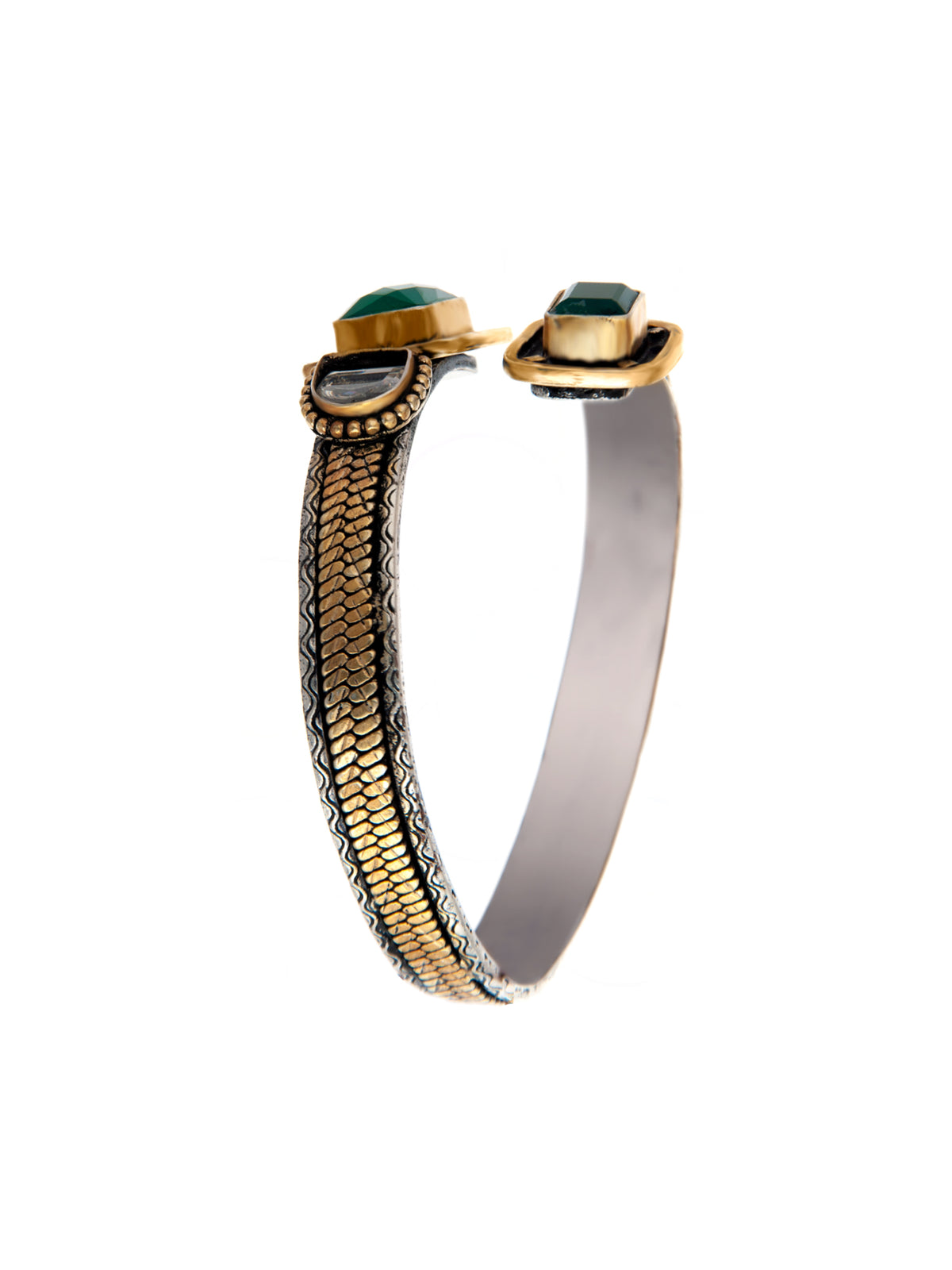 Verdant Fusion: 925 Silver Two Tone Bangle Cuff with Green Onyx Gemstone view 4