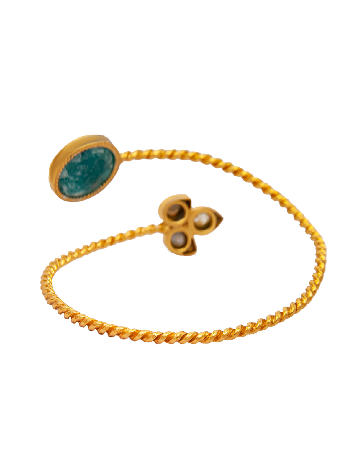Green Radiance: 925 Silver Gold Plated Bangle Cuff with Green Gemstone and White Kundan view 4