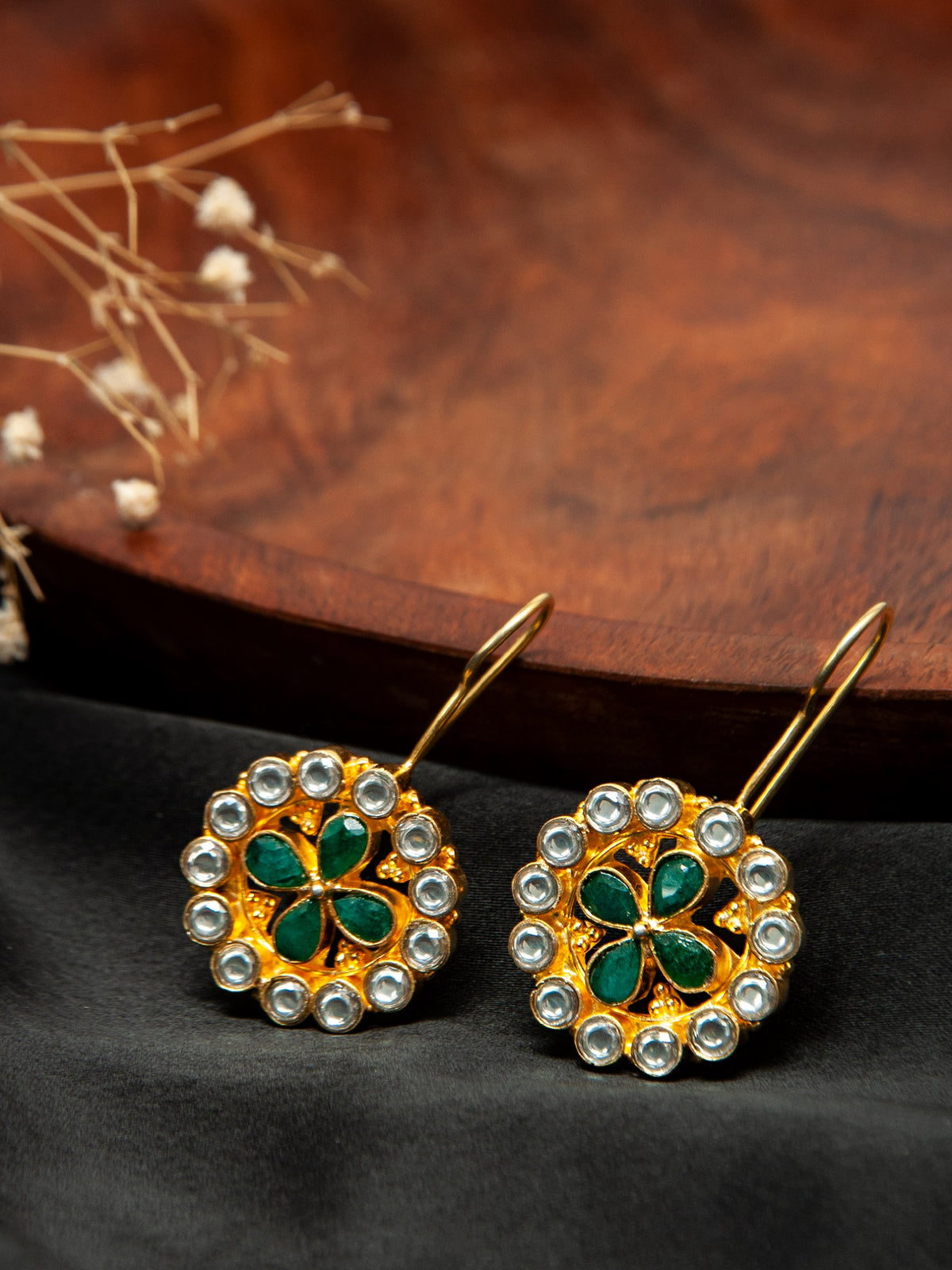 Green Elegance: 925 Sterling Silver Earrings with White Kundan and Green Onyx view 1