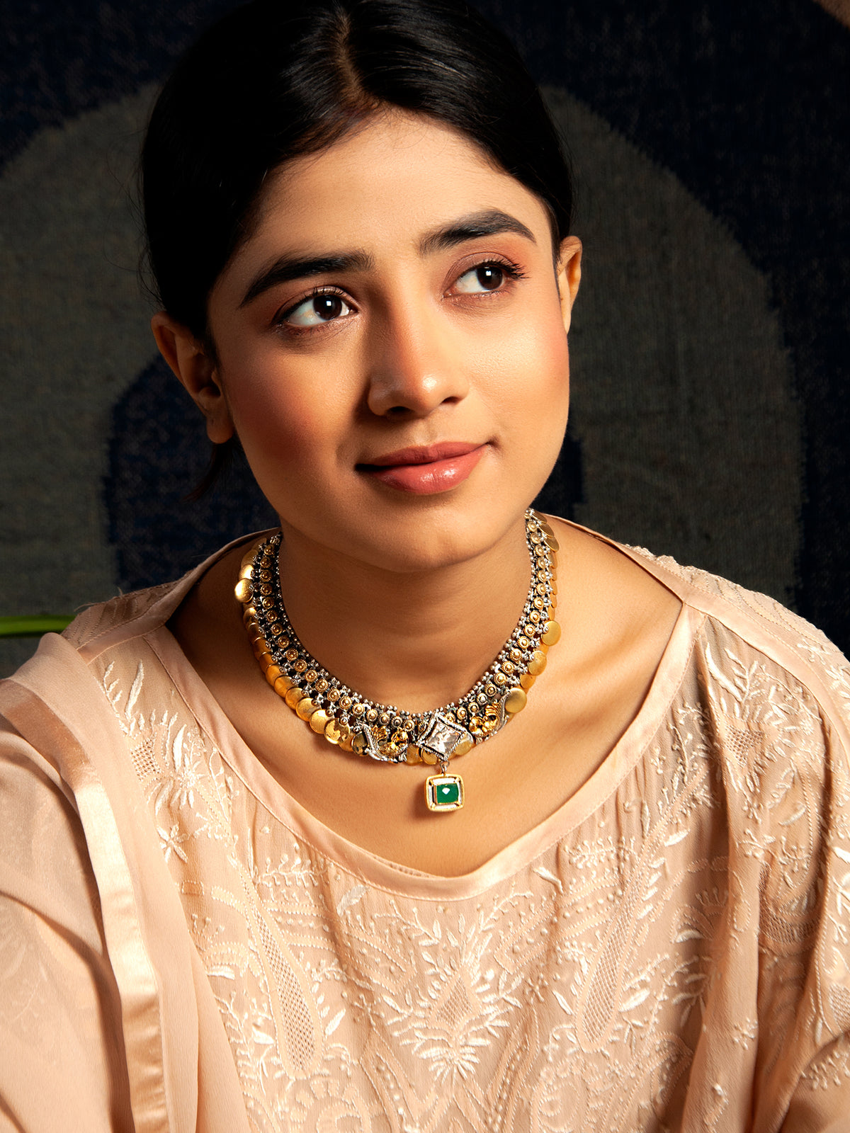 Verdant Harmony: 925 Silver Classic Two Tone Necklace with Moissanite and Green Onyx Gemstone Motif view 7
