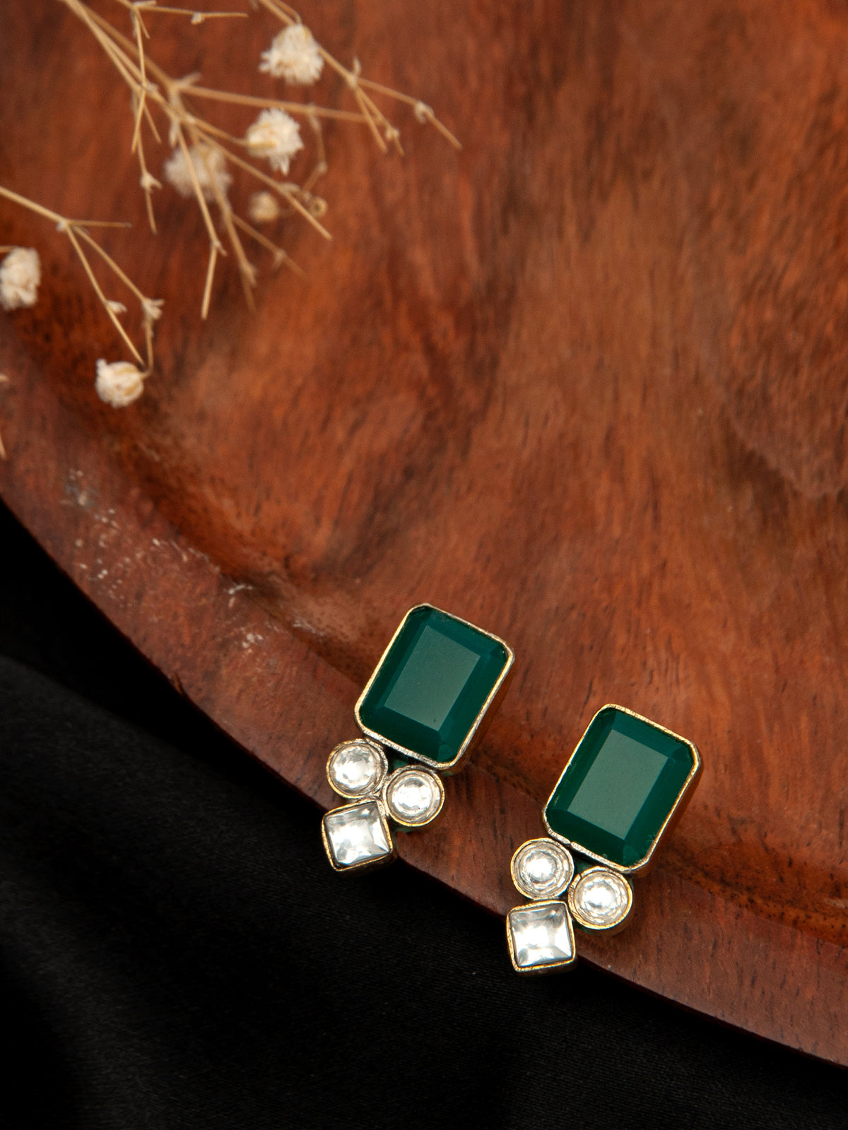 Vrindavan Green Onyx and White Kundan Studs: 925 Sterling Silver view 1