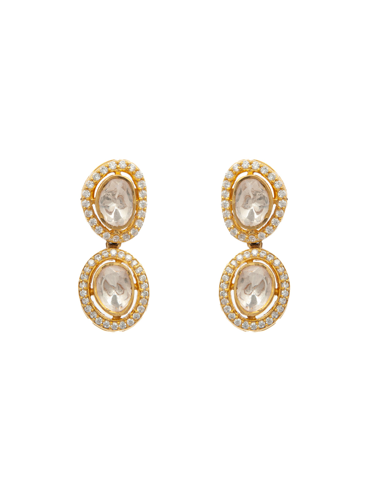 Swarna Ratna Double Moissanite Earrings: 925 Sterling Silver Gold Plated view 3