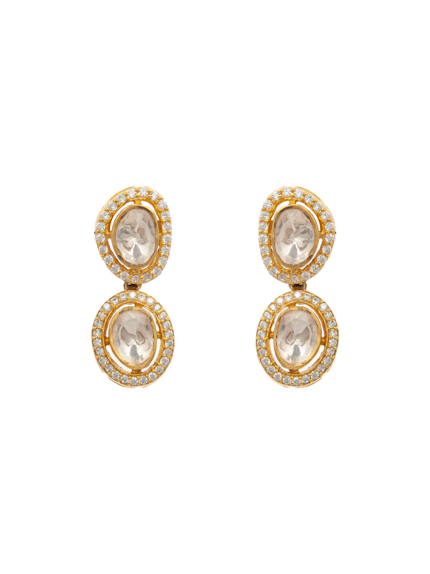 Swarna Ratna Double Moissanite Earrings: 925 Sterling Silver Gold Plated