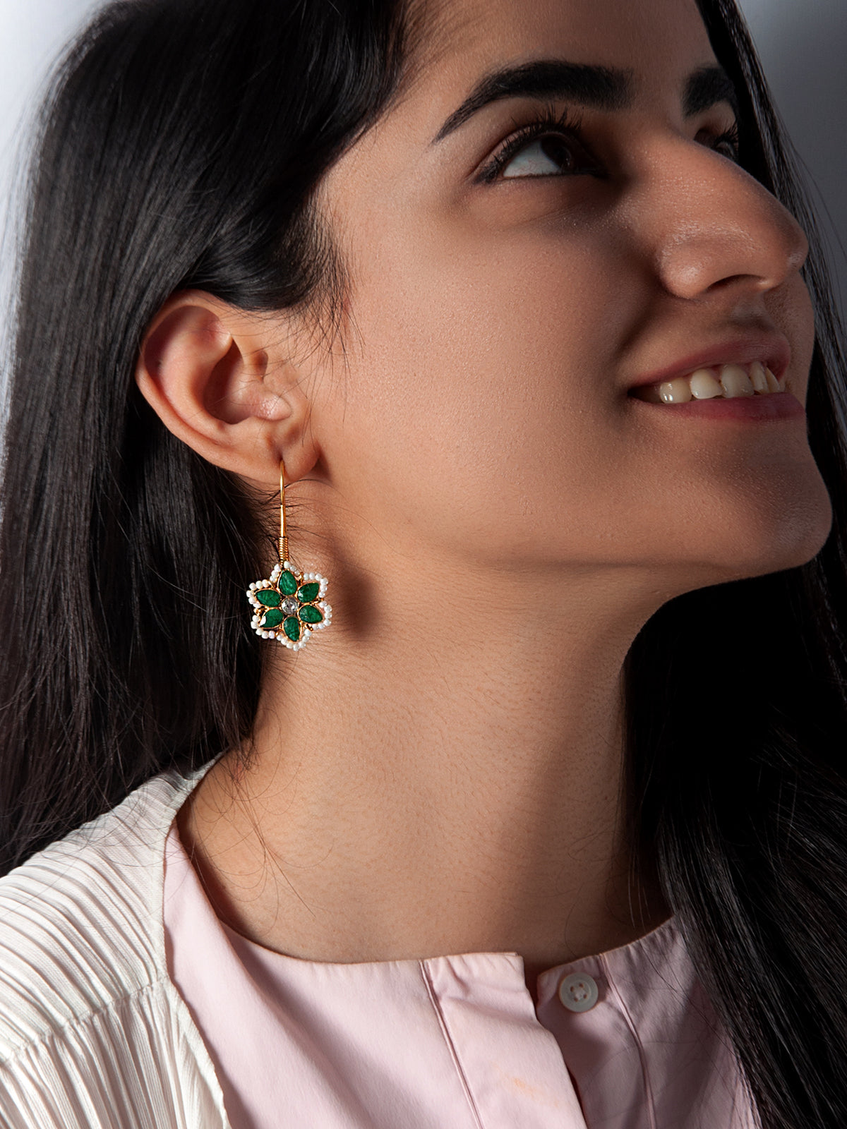 Ethereal Bloom: 925 Sterling Silver Flower Earrings with Green Onyx and Pearl view 2
