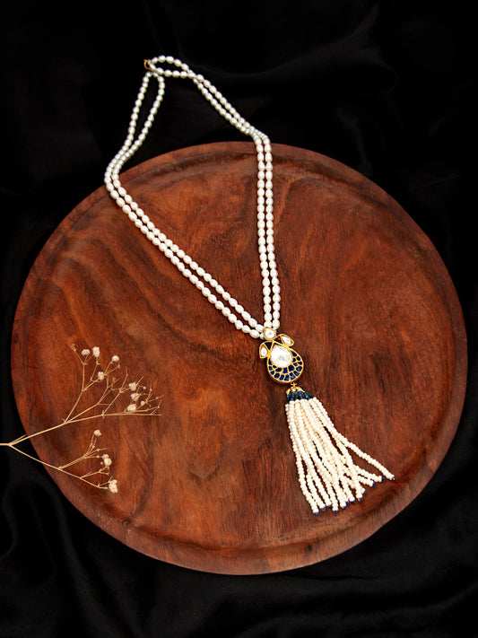 Pearlescent Tassel Elegance: 925 Silver Kundan Pearl Necklace