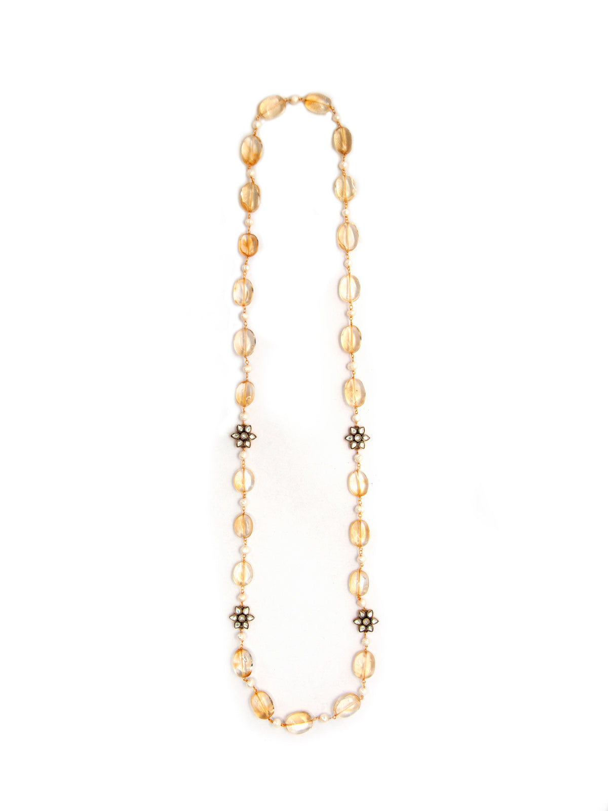 Sunflower Radiance: 925 Silver Citrine Gemstone Beads Necklace with Floral Kundan Motif view 2