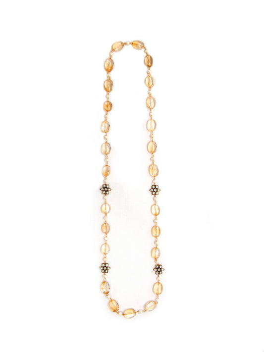 Sunflower Radiance: 925 Silver Citrine Gemstone Beads Necklace with Floral Kundan Motif
