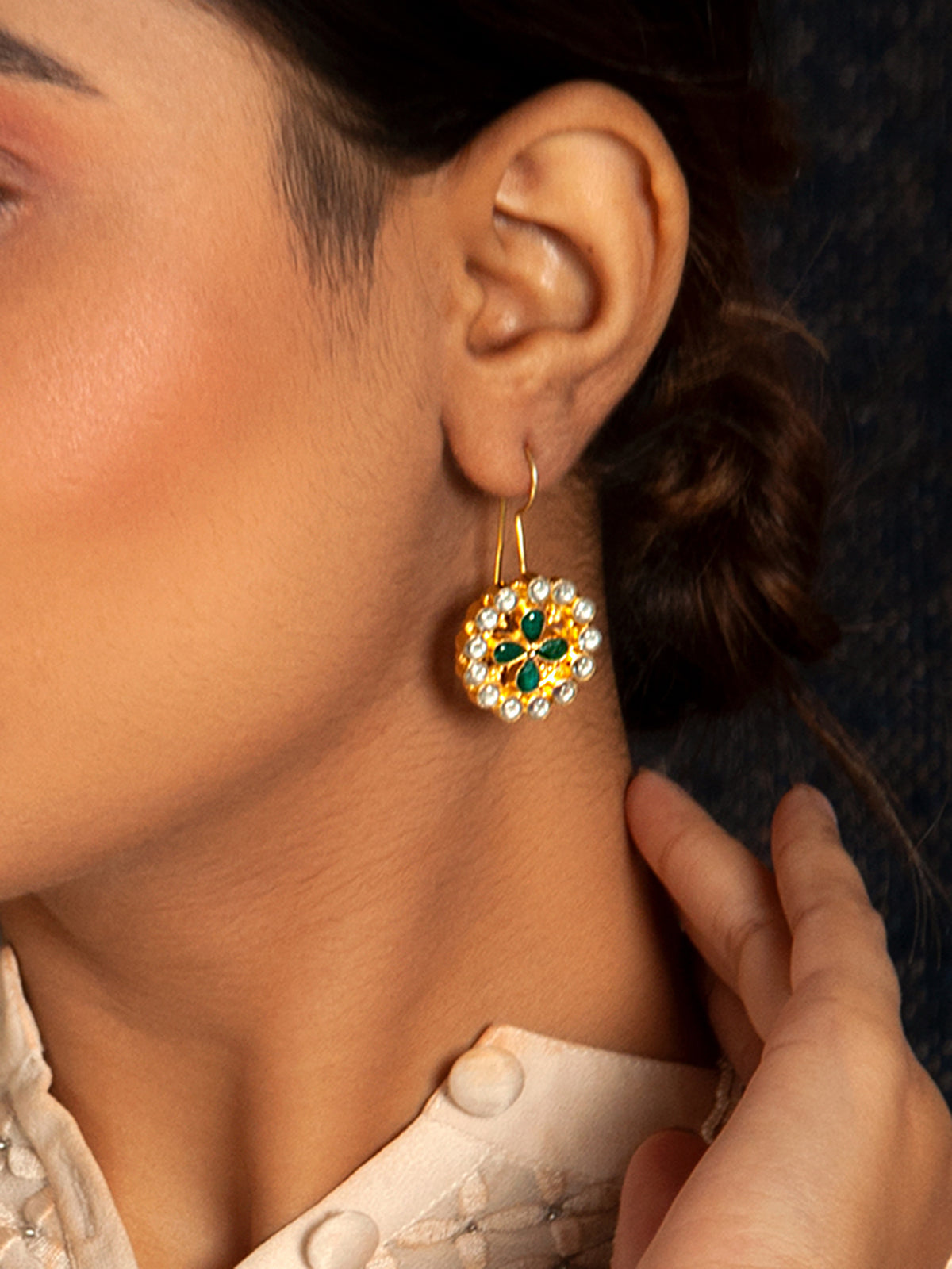 Green Elegance: 925 Sterling Silver Earrings with White Kundan and Green Onyx view 4