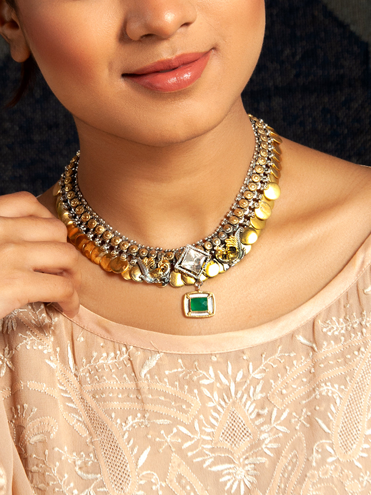 Verdant Harmony: 925 Silver Classic Two Tone Necklace with Moissanite and Green Onyx Gemstone Motif view 6