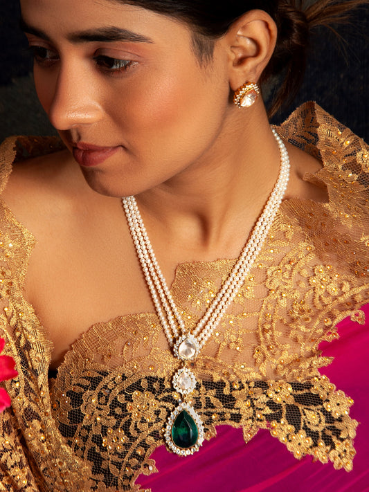 Green Moissanite Harmony: 925 Silver Double Moissanite Necklace with Pearl and Green Gemstone