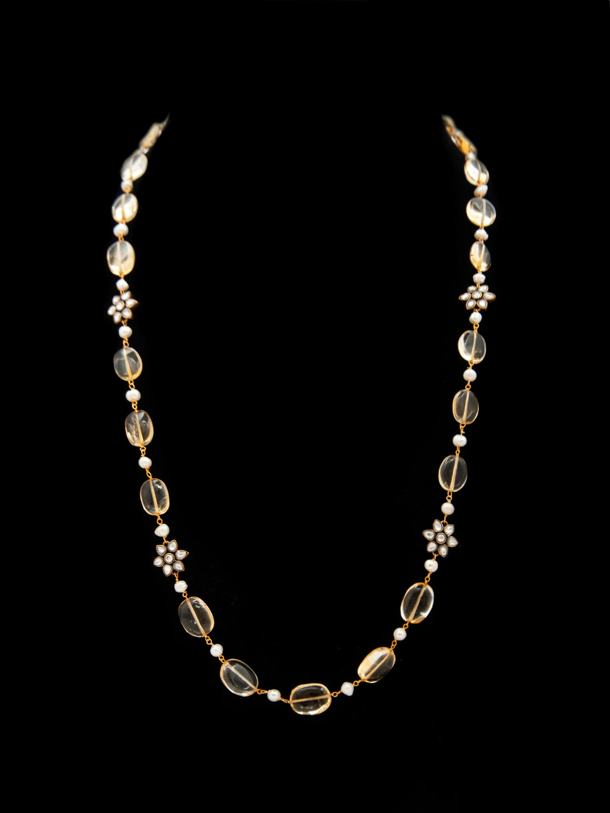 Sunflower Radiance: 925 Silver Citrine Gemstone Beads Necklace with Floral Kundan Motif view 3