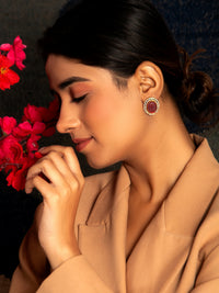 Crimson Carved Gemstone Studs: 925 Sterling Silver Gold Plated view 4