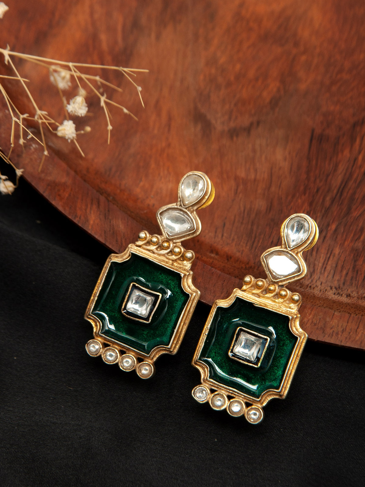 Enchanted Enamel: 925 Sterling Silver Earrings with Enamelling and Kundan view 1
