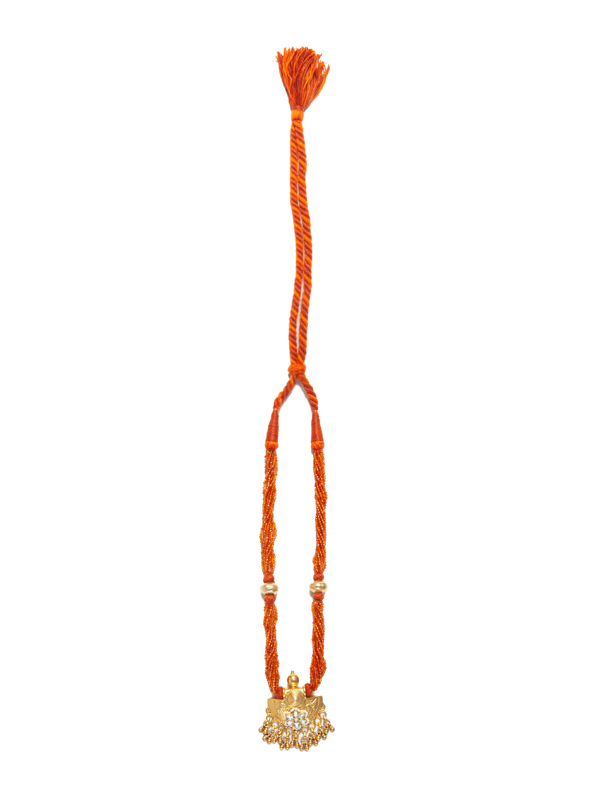 Golden Ghungroo Fusion: 925 Silver Gold Plated Pendant with Tribal Ghungroo, Floral Kundan Motif, and Orange Carnelian Gemstone Beads view 5