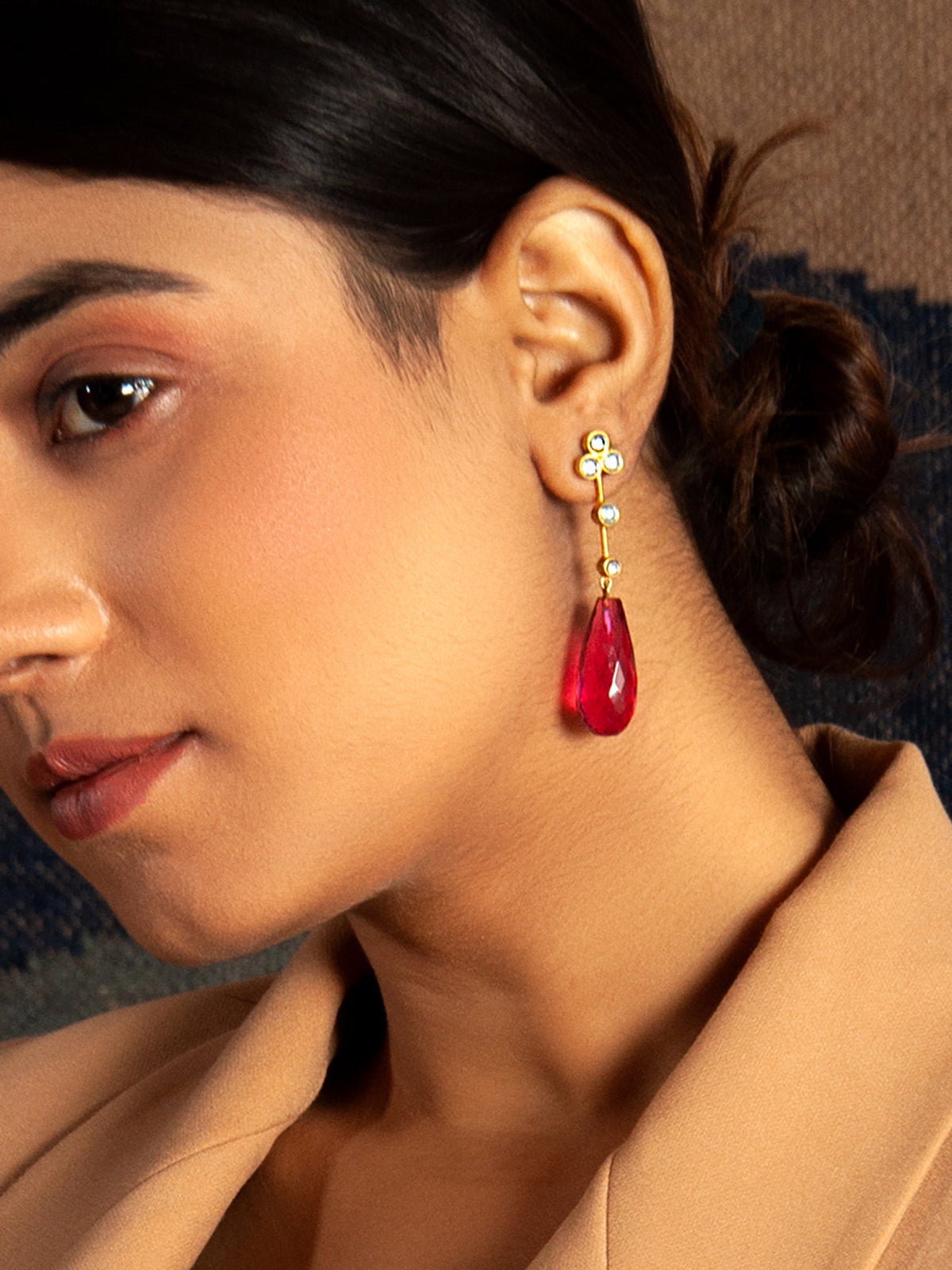 Pink Briolette Kundan Earrings: 925 Sterling Silver Gold Plated view 3