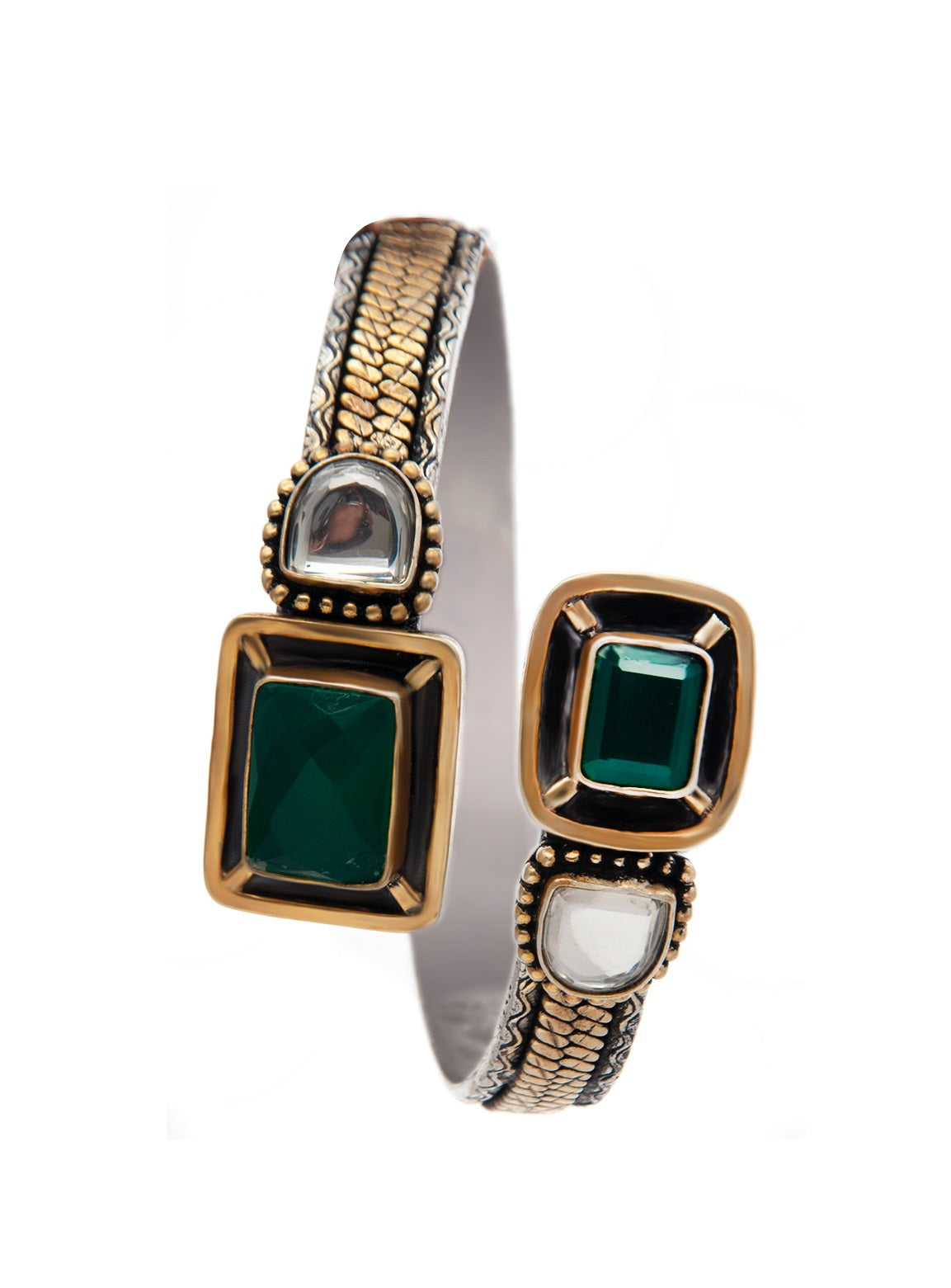 Verdant Fusion: 925 Silver Two Tone Bangle Cuff with Green Onyx Gemstone