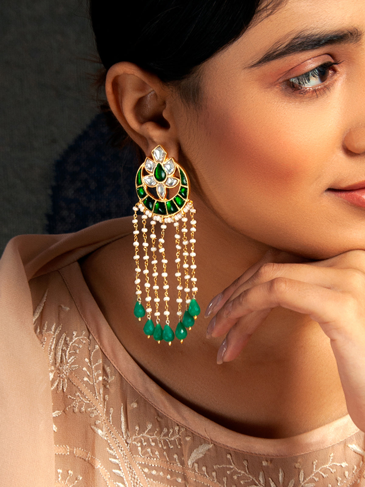 Swarna Moti Chaandbali: 925 Sterling Silver Gold Plated with Green and White Kundan view 4