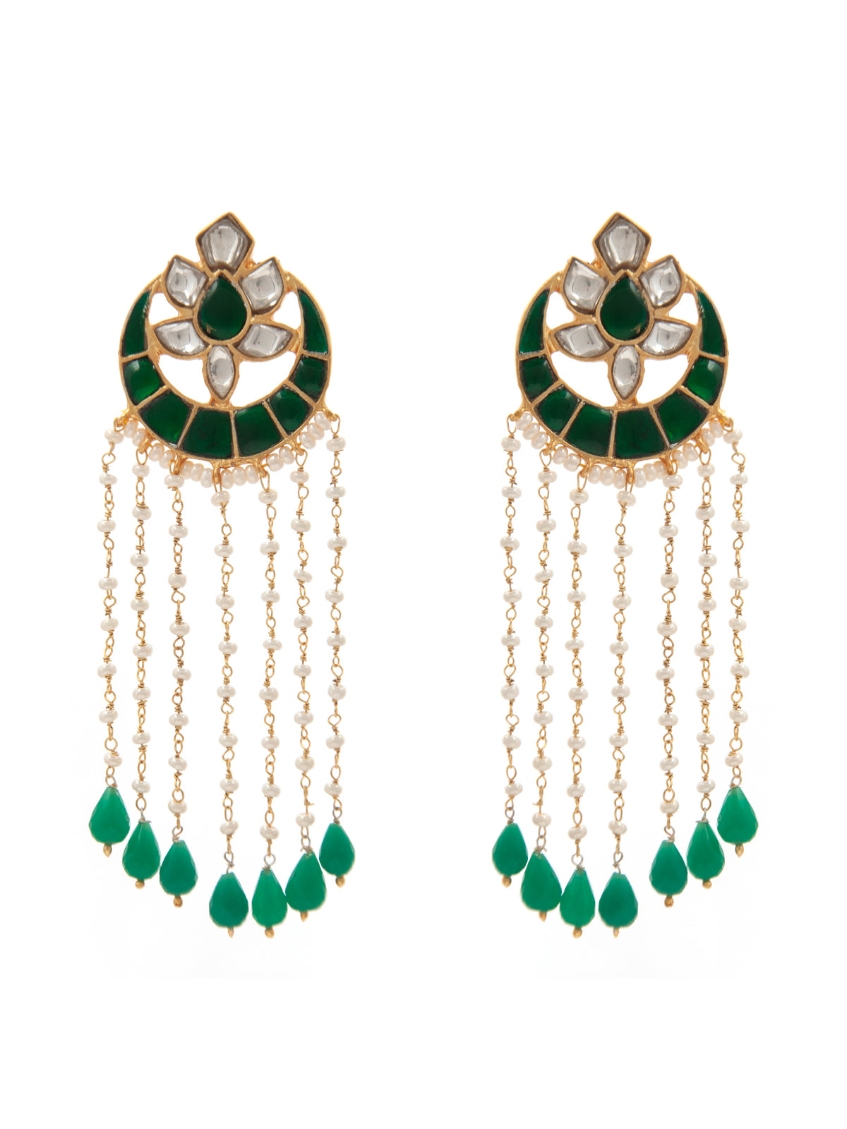 Swarna Moti Chaandbali: 925 Sterling Silver Gold Plated with Green and White Kundan view 2