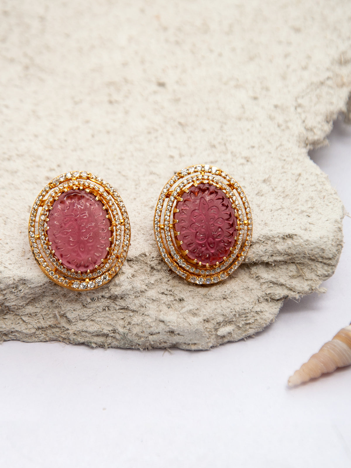 Crimson Carved Gemstone Studs: 925 Sterling Silver Gold Plated view 1