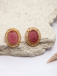 Crimson Carved Gemstone Studs: 925 Sterling Silver Gold Plated view 1