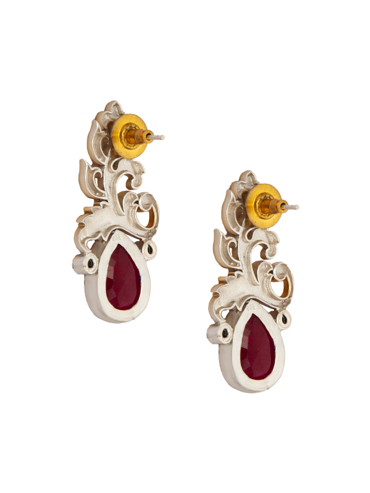 Nature's Grace: 925 Sterling Silver Leaf Earrings with Dyed Ruby view 5