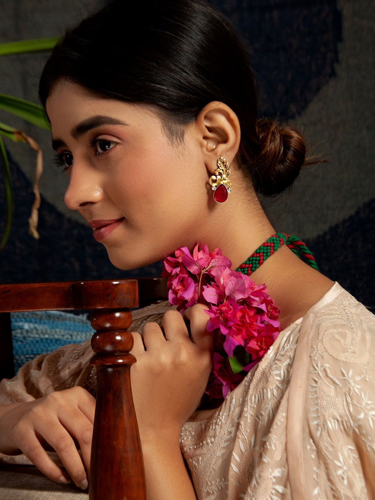 Nature's Grace: 925 Sterling Silver Leaf Earrings with Dyed Ruby view 4