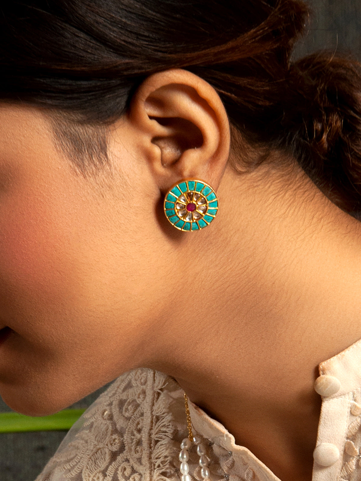 Sona Rangoli Kundan Studs: 925 Sterling Silver Gold Plated view 4