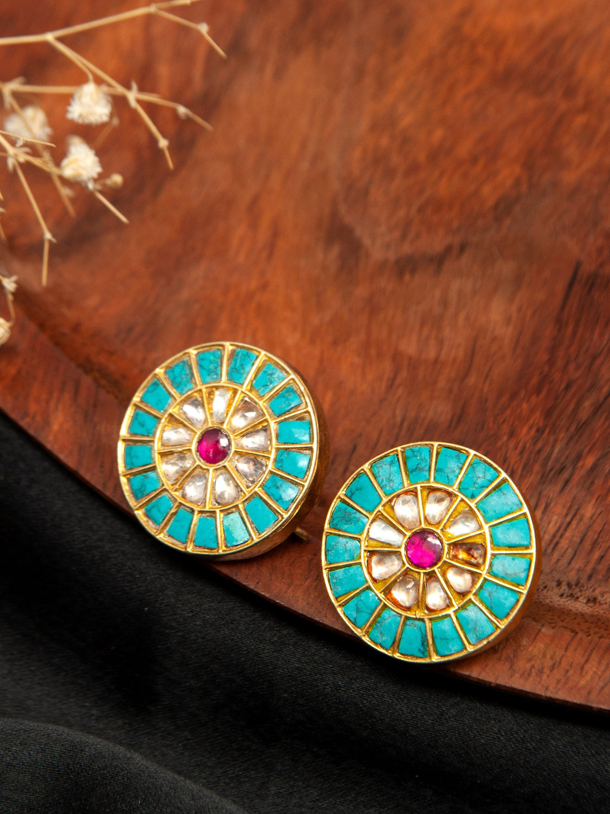 Sona Rangoli Kundan Studs: 925 Sterling Silver Gold Plated view 1