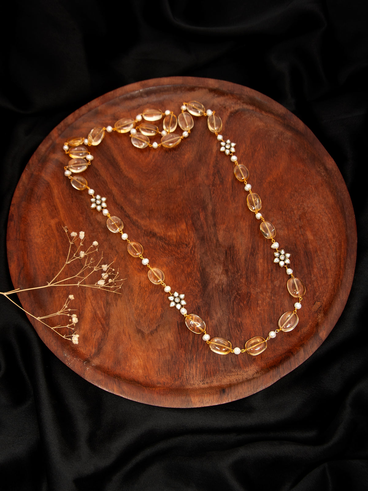 Sunflower Radiance: 925 Silver Citrine Gemstone Beads Necklace with Floral Kundan Motif view 1