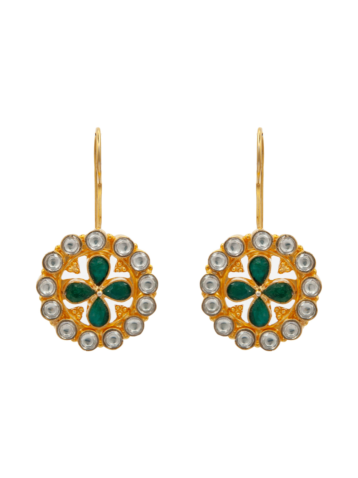 Green Elegance: 925 Sterling Silver Earrings with White Kundan and Green Onyx view 2