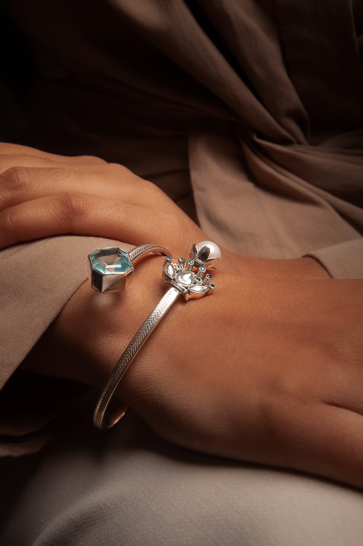 925 Sterling Silver Bangle With Aquamarine Pearl Kundan & CZ Stone view 1